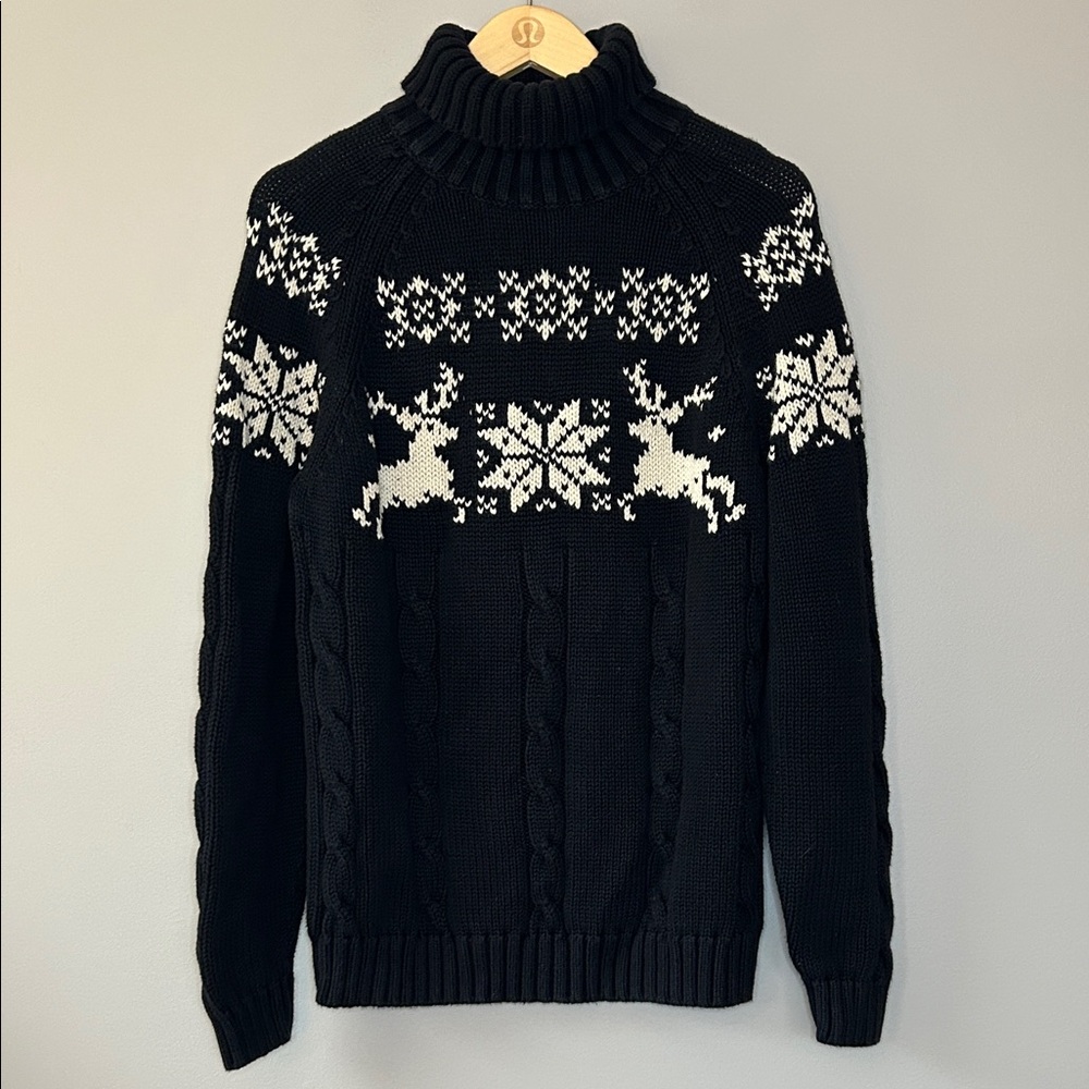 Vintage Land’s End Chunky Cable Knit Sweater Reindeer‎ Med Black Cream Fair Isle